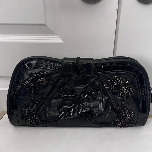 Vintage | Gregory | Embroidered Black And Bronze Leather  Large Clutch - Picture 4 of 10